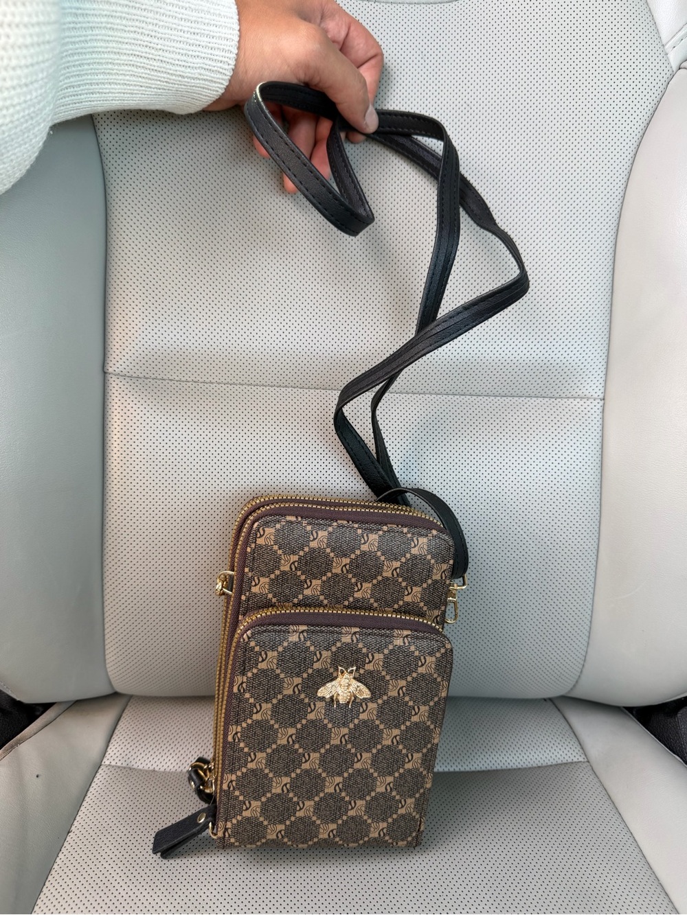 Luxury Brown Monogram Crossbody Bag with Gold Bee Accent